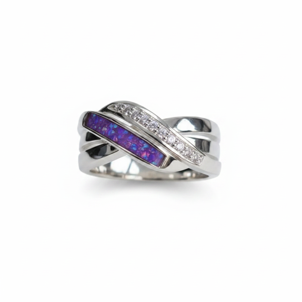 925 sterling silver double crossover band memorial ring with lavender purple opal flakes resin on white background