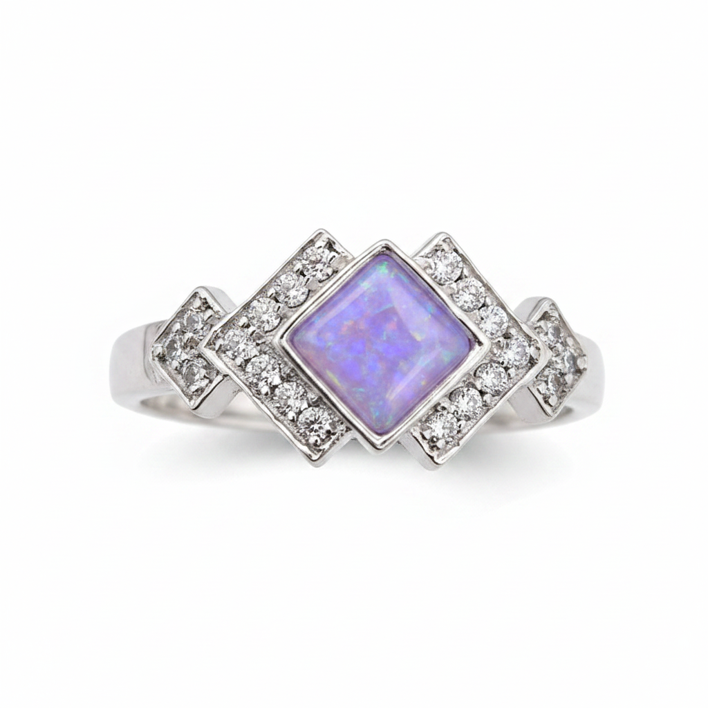 Art Deco CZ 925 silver ring with lavender purple opal resin in diamond centre setting on white background