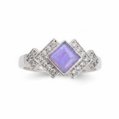 Art Deco CZ 925 silver ring with lavender purple opal resin in diamond centre setting on white background