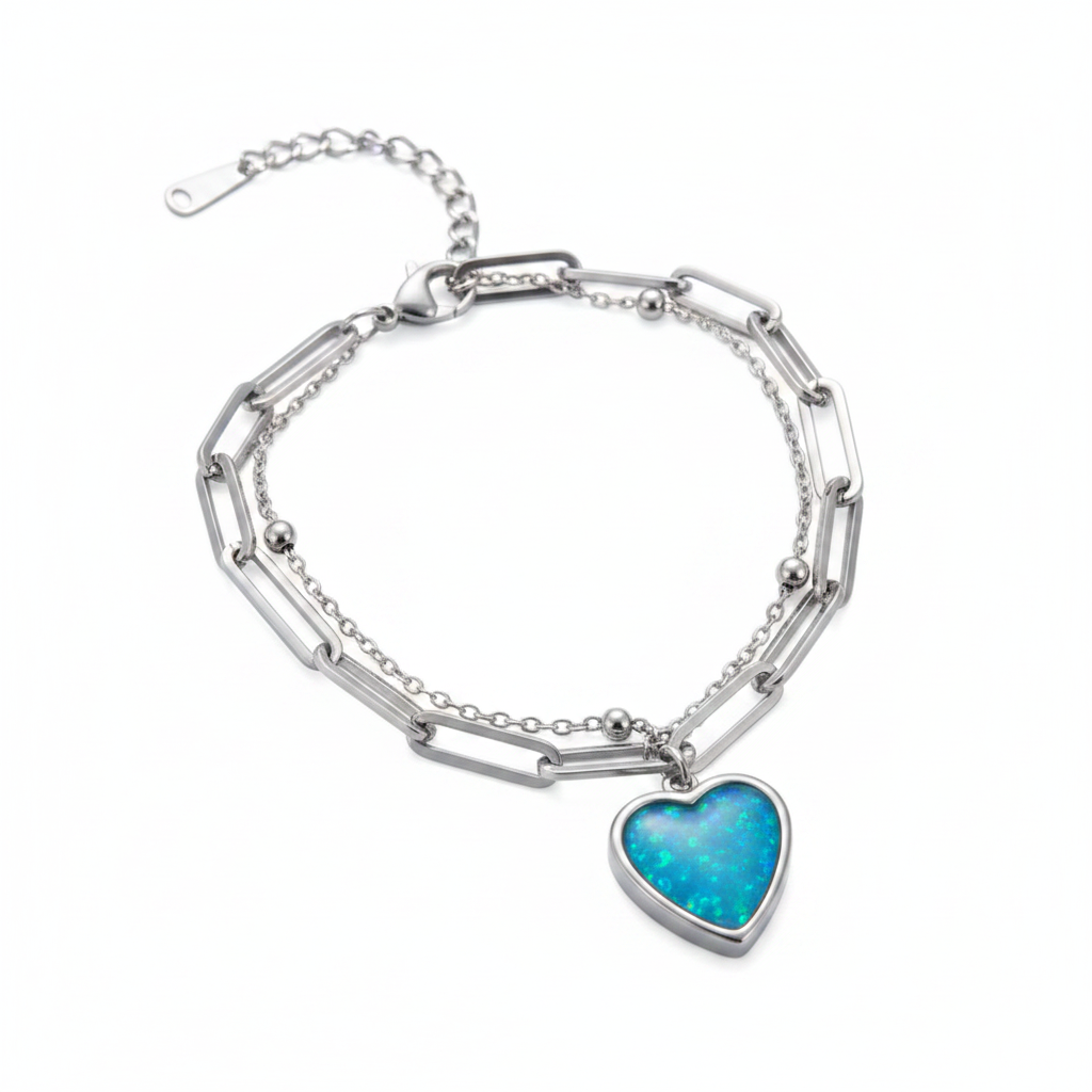 Double chain heart paperclip memorial bracelet with blue teal opal resin - ashes hair fur keepsake