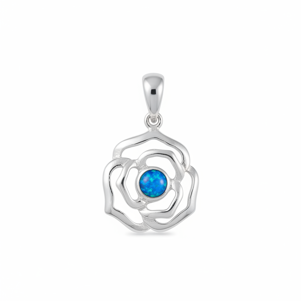 Silver 925 rose memorial pendant with blue opal flakes, white background