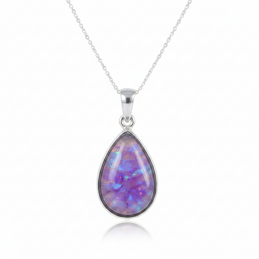 Silver 925 pear drop memorial pendant — lavender purple opal flakes domed resin inclusion