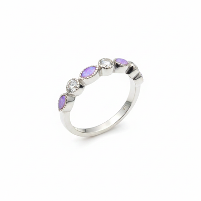 925 sterling silver CZ marquise half band memorial ring with lavender purple opal resin in marquise bezels on white background