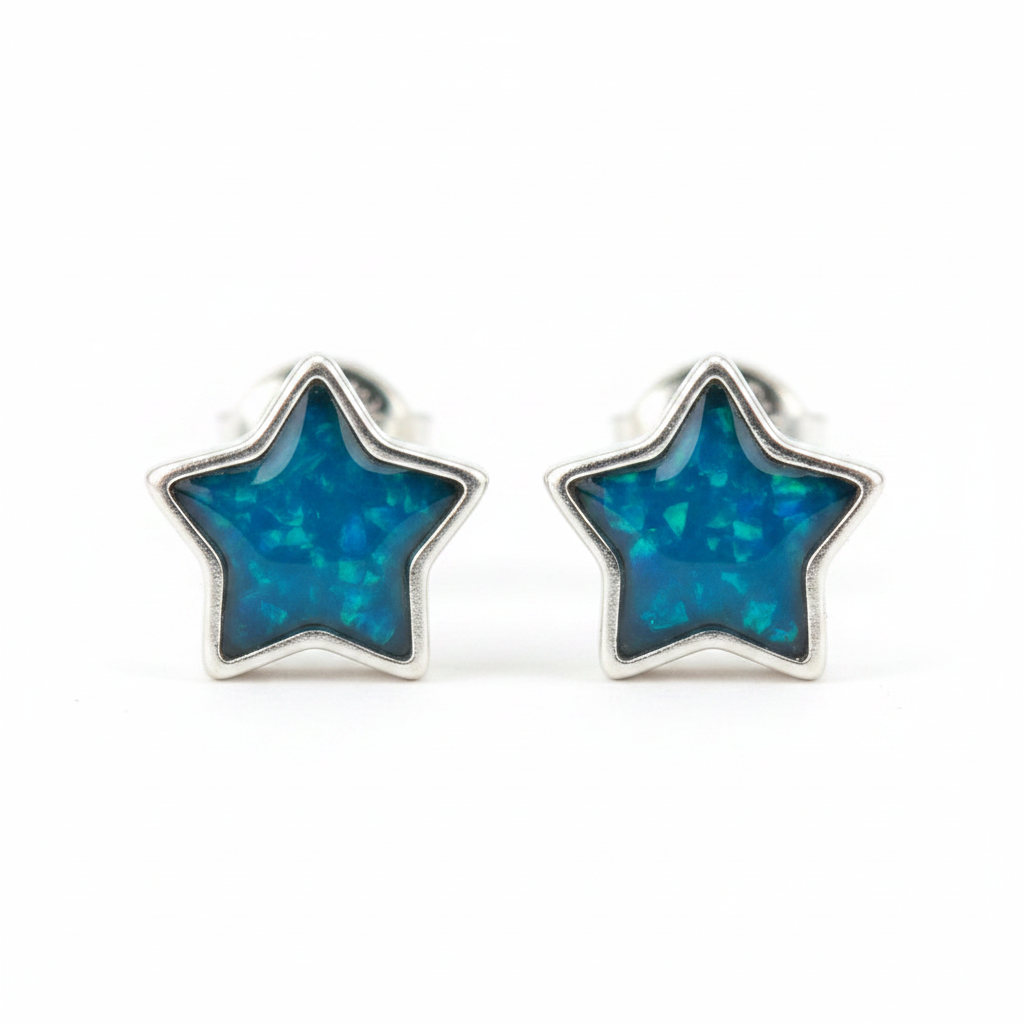 Silver 925 star memorial stud earrings — blue teal opal flakes resin in star-shaped setting