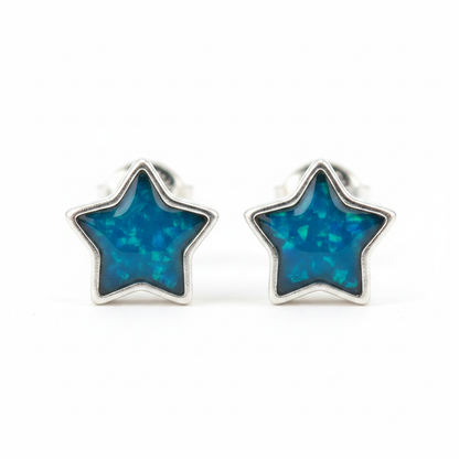 Silver 925 star memorial stud earrings — blue teal opal flakes resin in star-shaped setting