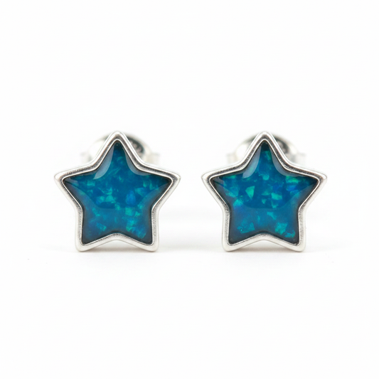 Silver 925 star memorial stud earrings — blue teal opal flakes resin in star-shaped setting