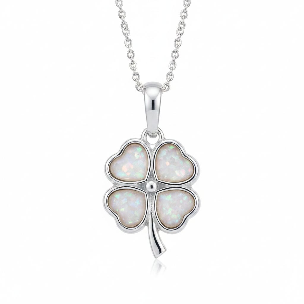 Silver 925 four leaf clover memorial pendant with white opal and mica resin on chain, white background