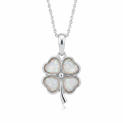 Silver 925 four leaf clover memorial pendant with white opal and mica resin on chain, white background