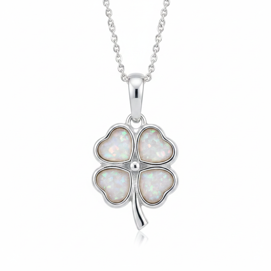 Silver 925 four leaf clover memorial pendant with white opal and mica resin on chain, white background
