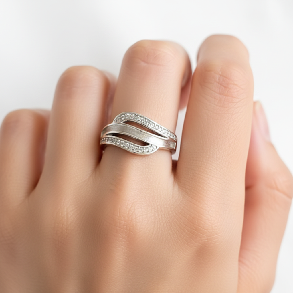 Crystal triple wave 925 silver ring — lifestyle model shot on hand