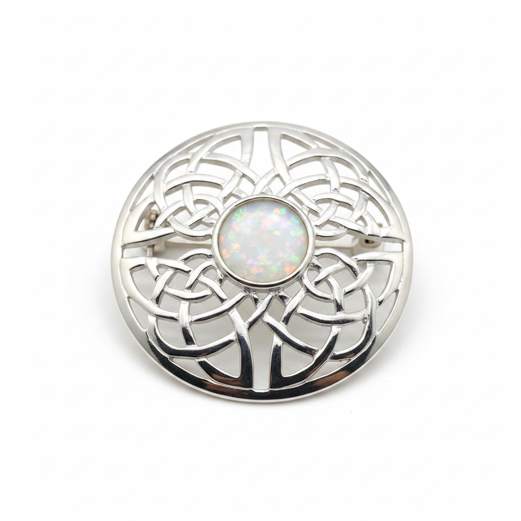 Silver 925 Celtic knot round brooch with white pearl opal resin in 8mm central setting on white background