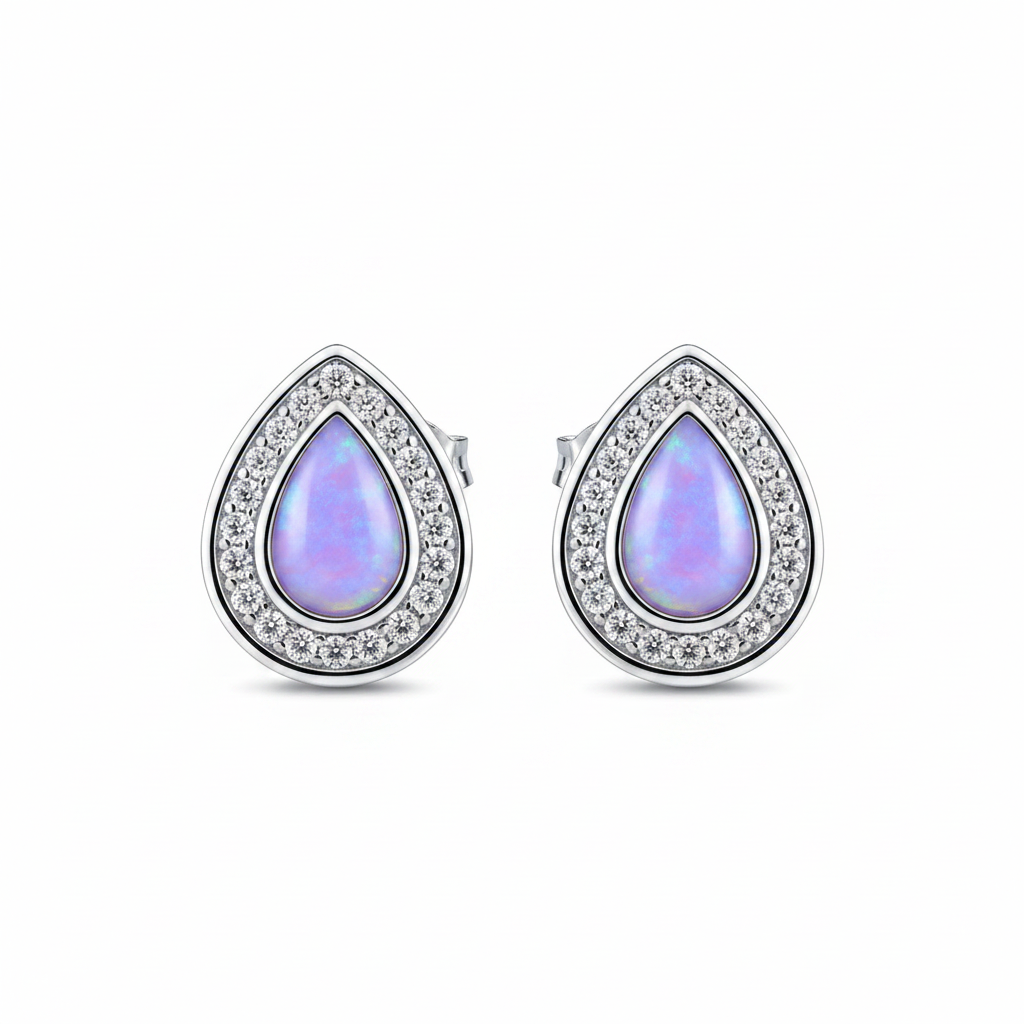Silver 925 pear CZ halo stud earrings — lavender purple opal resin, white background