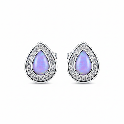 Silver 925 pear CZ halo stud earrings — lavender purple opal resin, white background