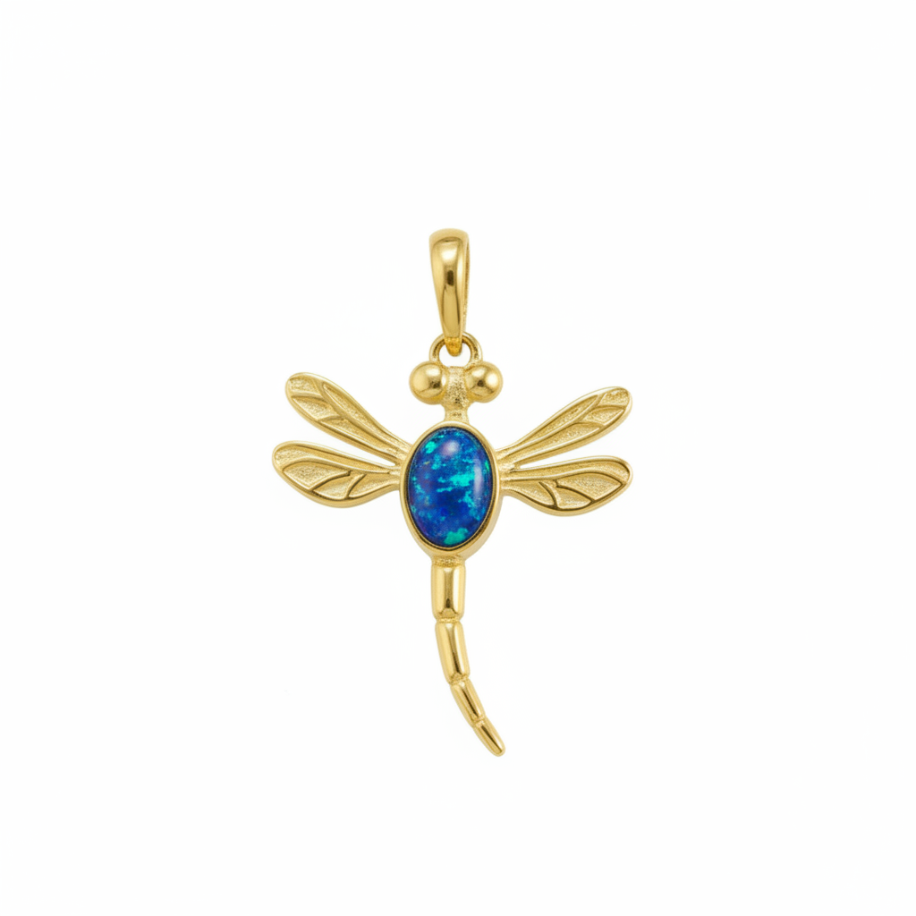 9ct gold dragonfly memorial pendant with deep blue iridescent opal flakes