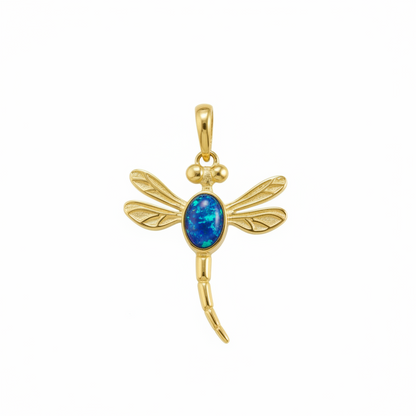 9ct gold dragonfly memorial pendant with deep blue iridescent opal flakes