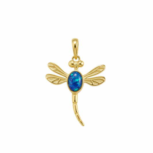 9ct gold dragonfly memorial pendant with deep blue iridescent opal flakes