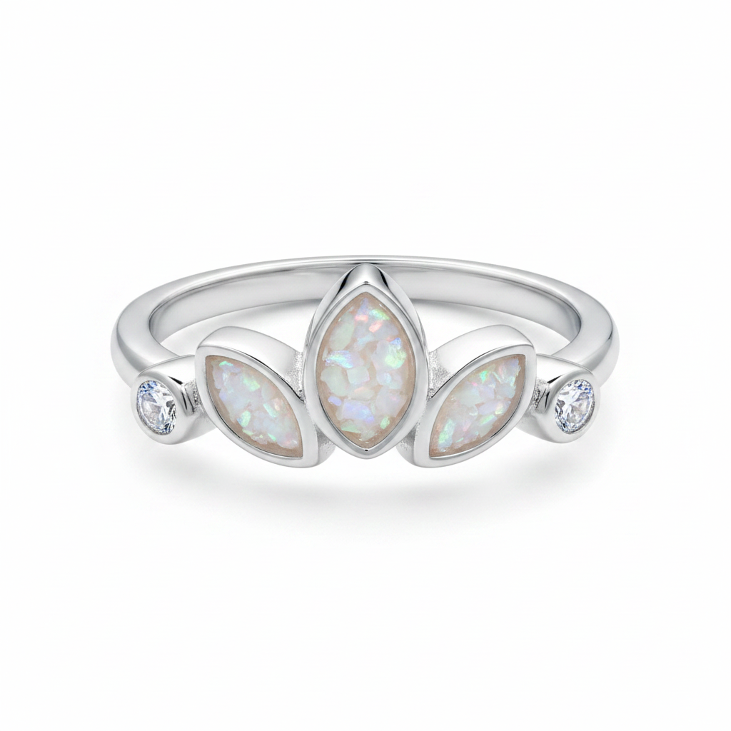 Trilogy marquise bezel 925 silver ring with white pearl opal resin in three marquise settings on white background
