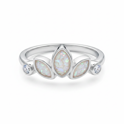 Trilogy marquise bezel 925 silver ring with white pearl opal resin in three marquise settings on white background