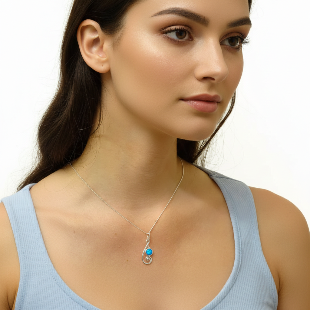 Model wearing silver 925 scroll memorial pendant at true 19x8mm scale