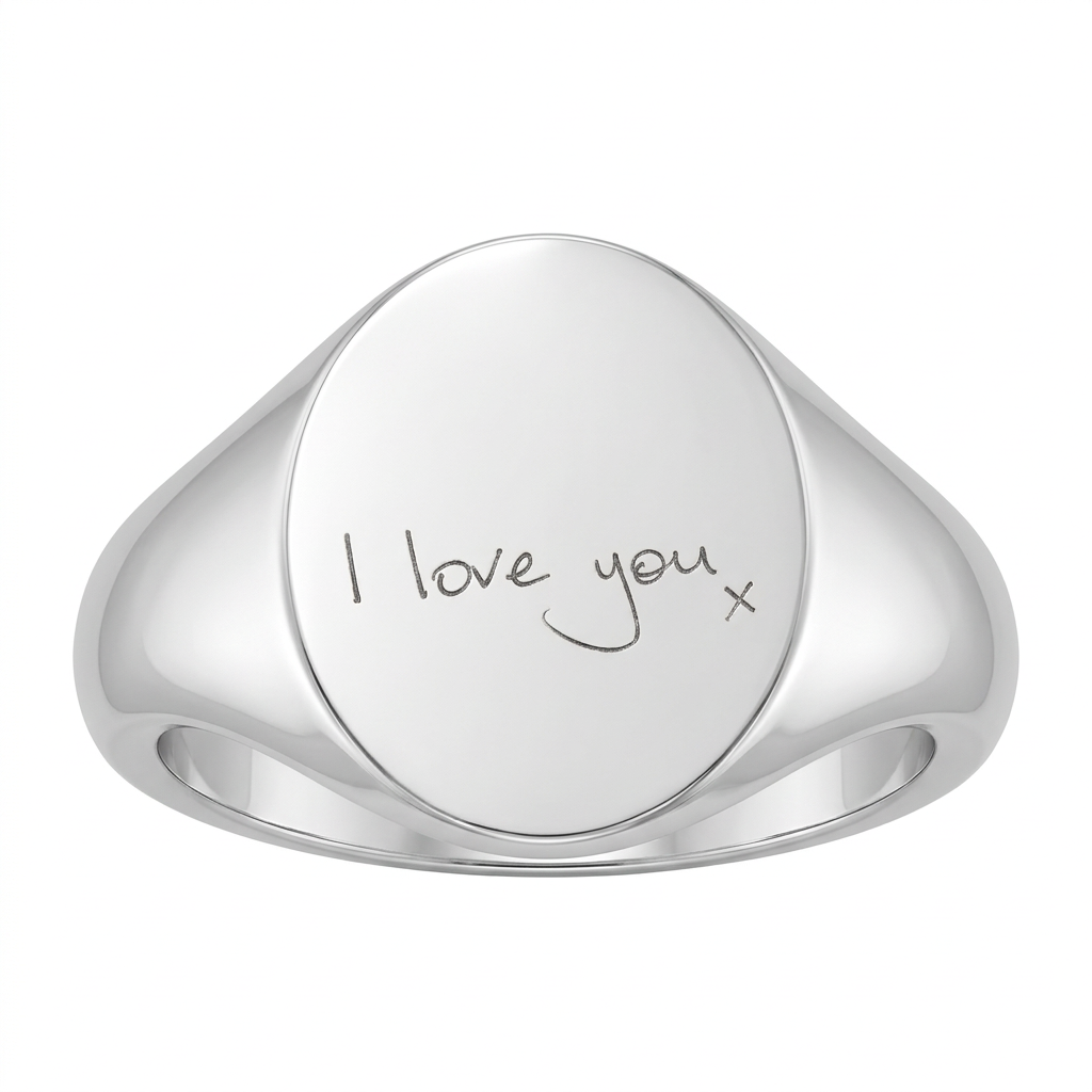 Illustrative front view of personalised 12mm × 10mm oval silver signet ring