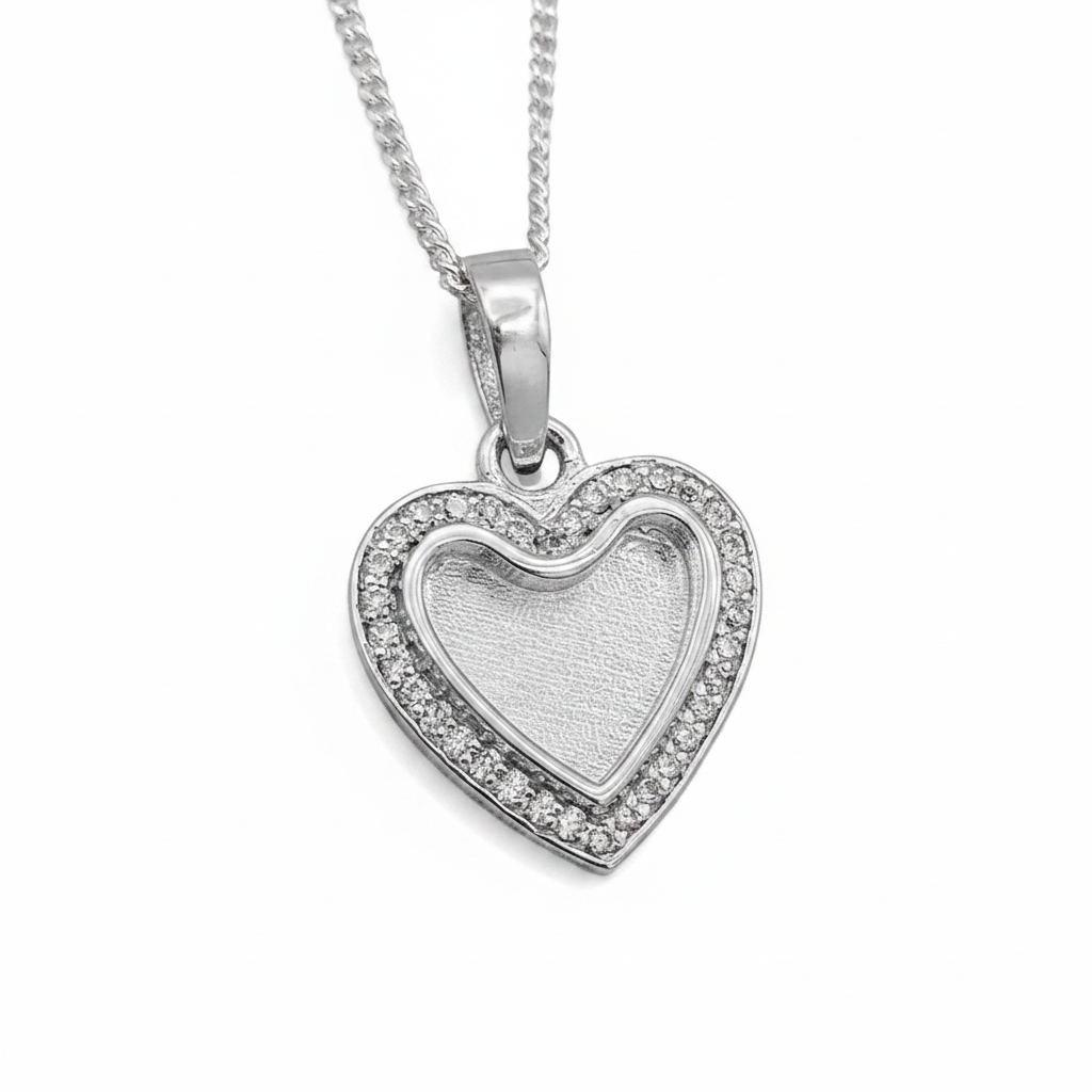Crystal Heart CZ 925 Silver Memorial Pendant — plain silver centre on white background