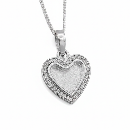 Crystal Heart CZ 925 Silver Memorial Pendant — plain silver centre on white background