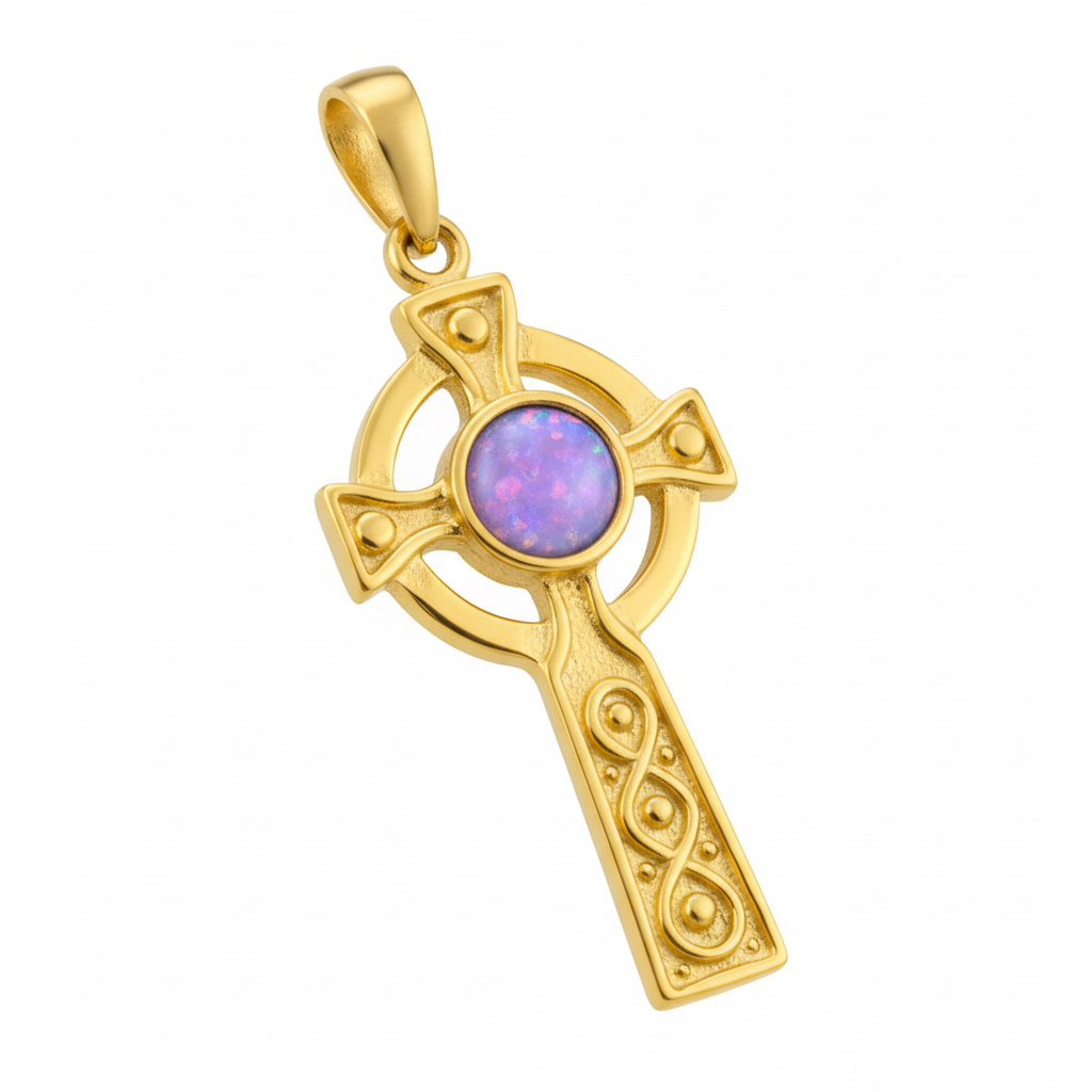 9ct gold Celtic cross memorial pendant with lavender iridescent opal flakes – white background