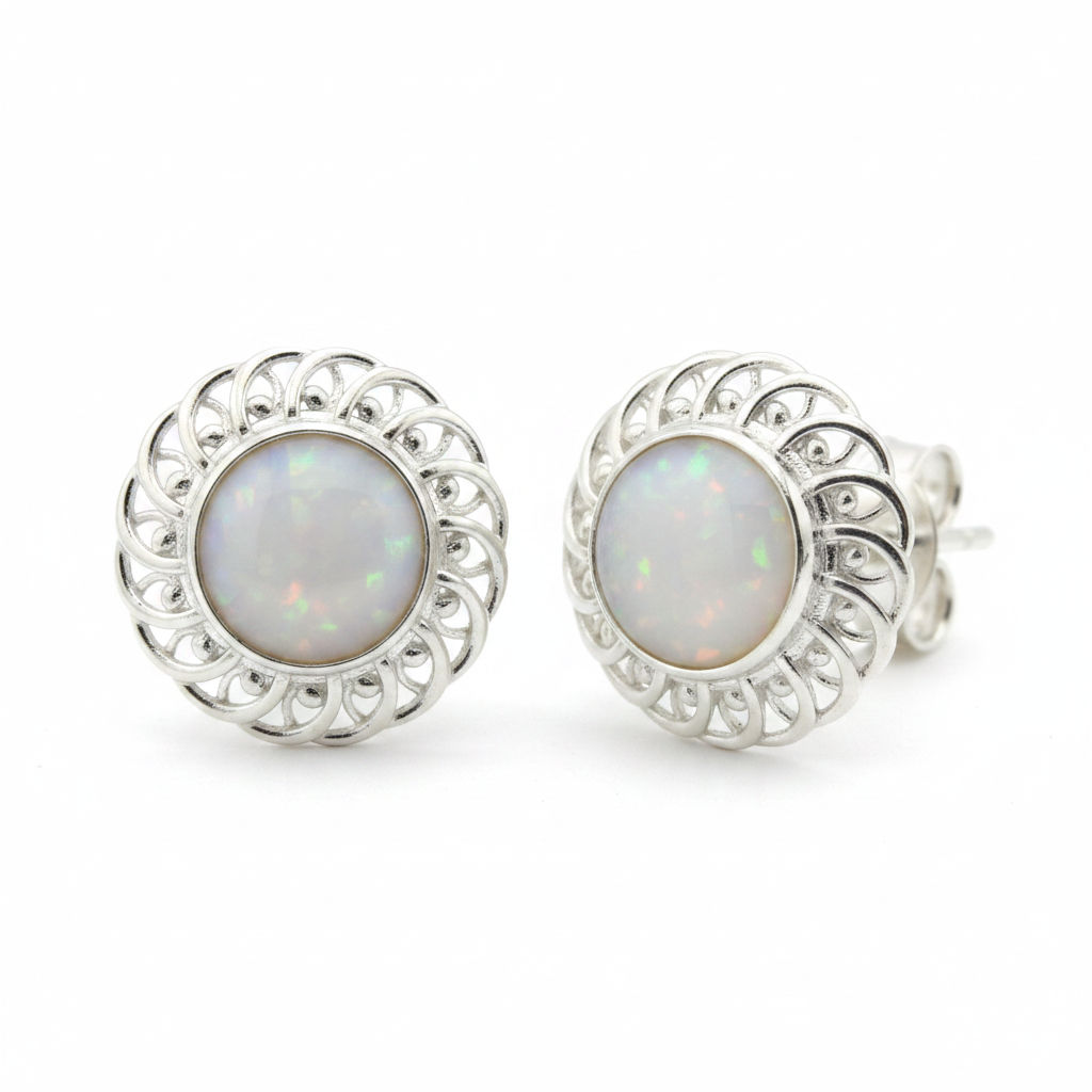 Silver 925 filigree scroll memorial stud earrings — white pearl opal flakes resin in 6mm round centre cup