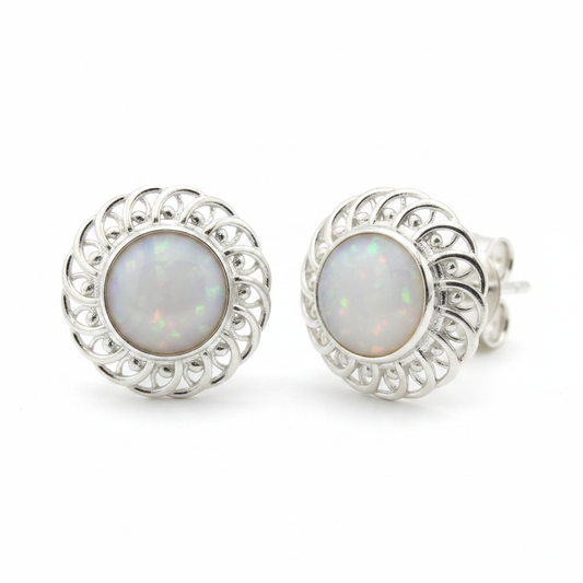 Silver 925 filigree scroll memorial stud earrings — white pearl opal flakes resin in 6mm round centre cup