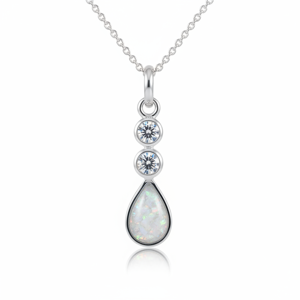 Silver 925 teardrop memorial pendant with CZ — white pearl opal flakes domed resin inclusion