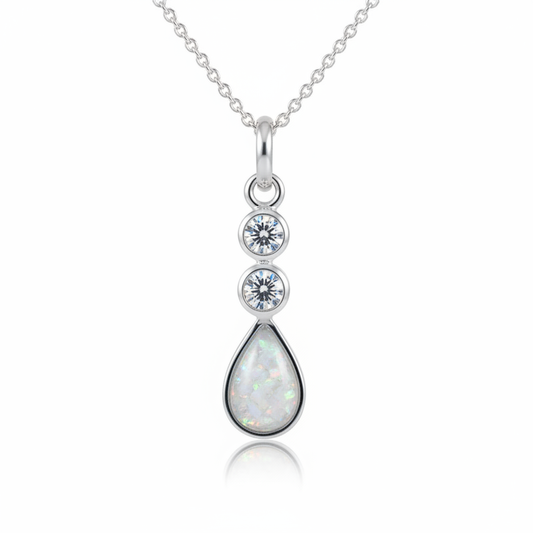 Silver 925 teardrop memorial pendant with CZ — white pearl opal flakes domed resin inclusion