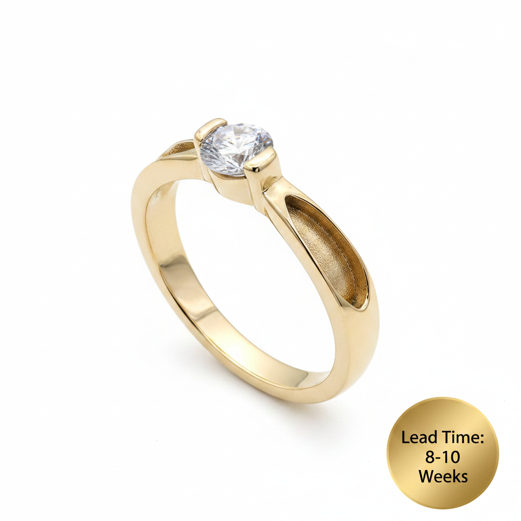9ct yellow gold CZ solitaire ring with crossover twist shank, white background, lead time 8-10 weeks