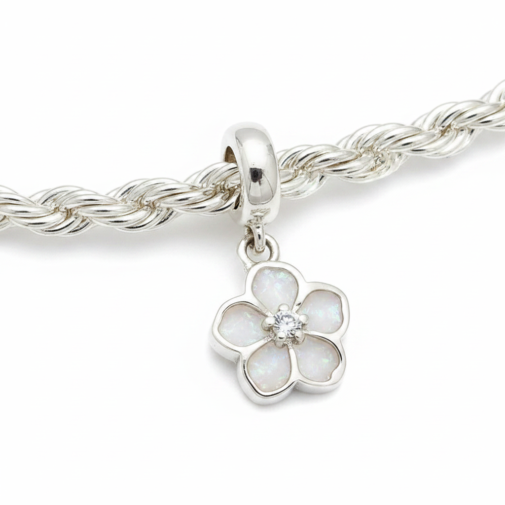 Forget-me-not silver charm with white pearl opal resin on charm bracelet