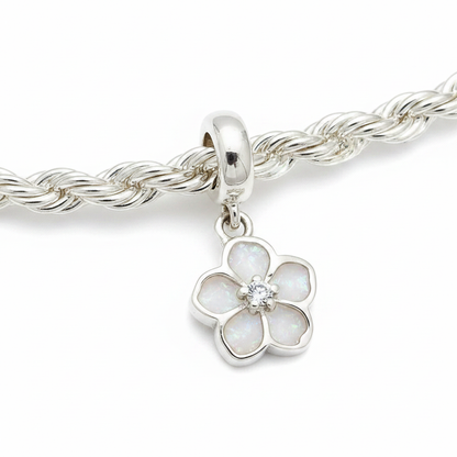 Forget-me-not silver charm with white pearl opal resin on charm bracelet