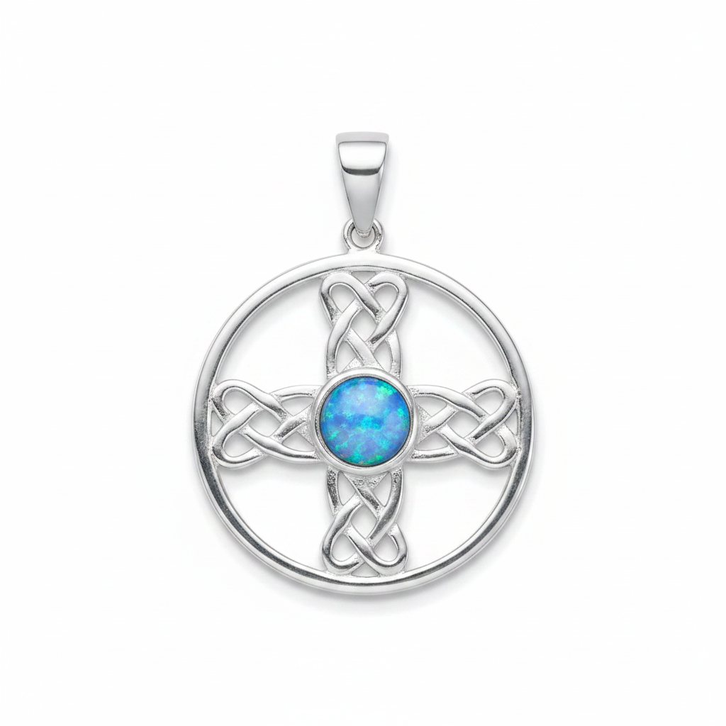 Silver 925 Celtic cross circle memorial pendant with blue opal flakes, white background