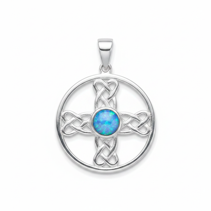 Silver 925 Celtic cross circle memorial pendant with blue opal flakes, white background