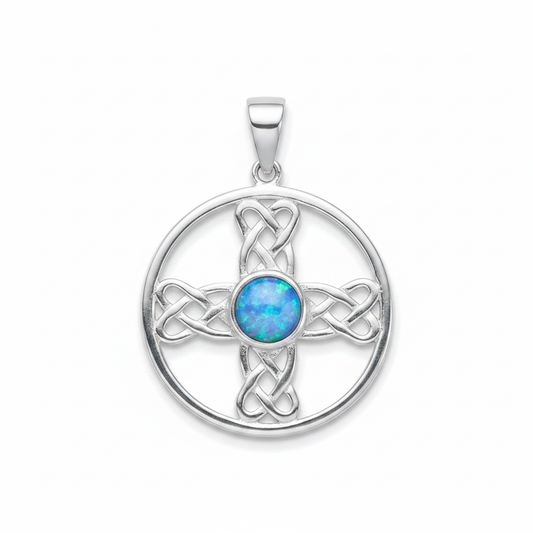 Silver 925 Celtic cross circle memorial pendant with blue opal flakes, white background