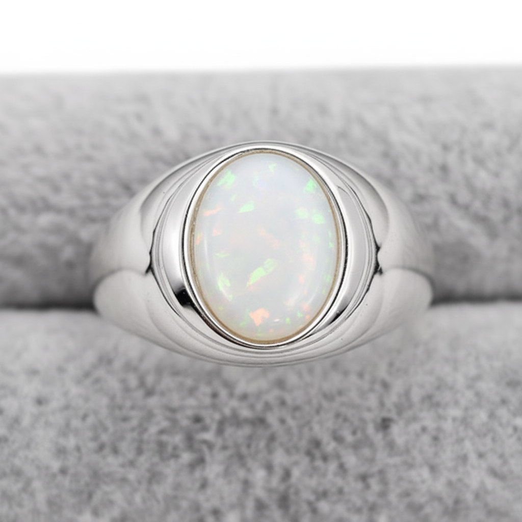 Gents Oval 925 Silver Signet Ring with white pearl opal resin — pure white background