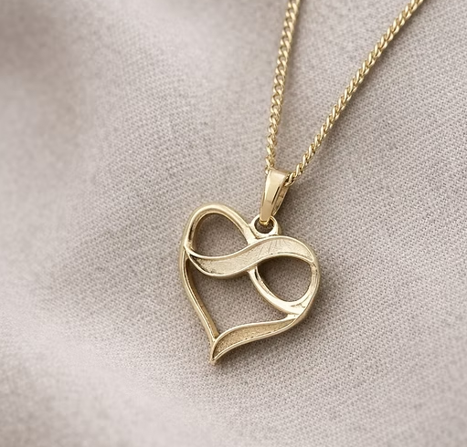 9ct yellow gold heart infinity pendant on delicate gold chain, heart outline with infinity symbol woven through centre