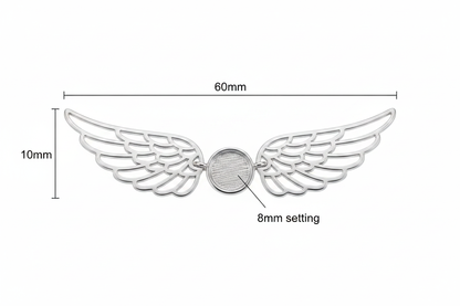 Silver 925 wide angel wing memorial necklace dimensions — 60x10mm overall, 8mm round centre