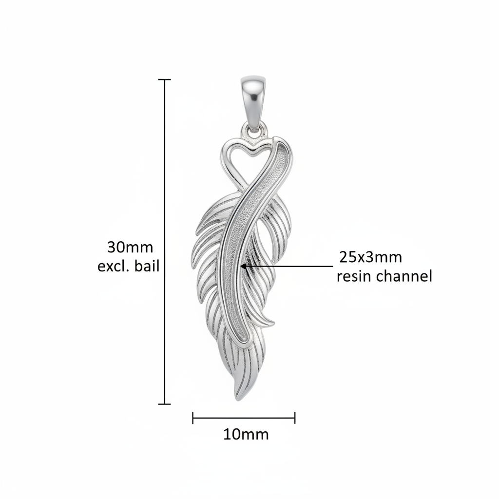 Silver 925 feather heart memorial pendant dimensions — 30x10mm excl. bail, 25x3mm central spine channel