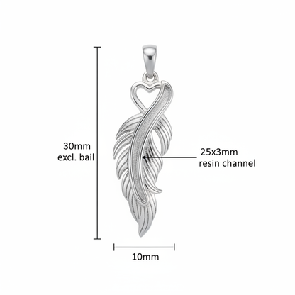Silver 925 feather heart memorial pendant dimensions — 30x10mm excl. bail, 25x3mm central spine channel