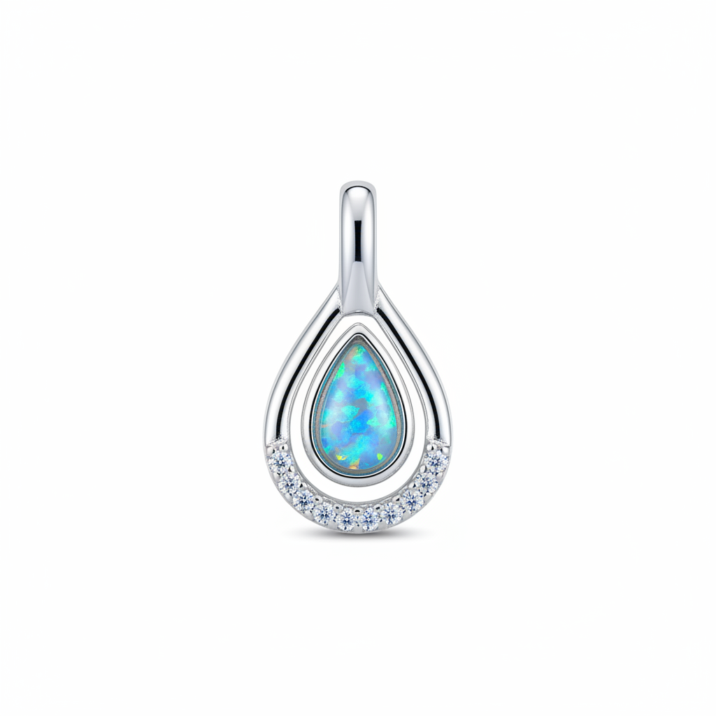 Silver 925 CZ teardrop memorial pendant with blue opal flakes, white background