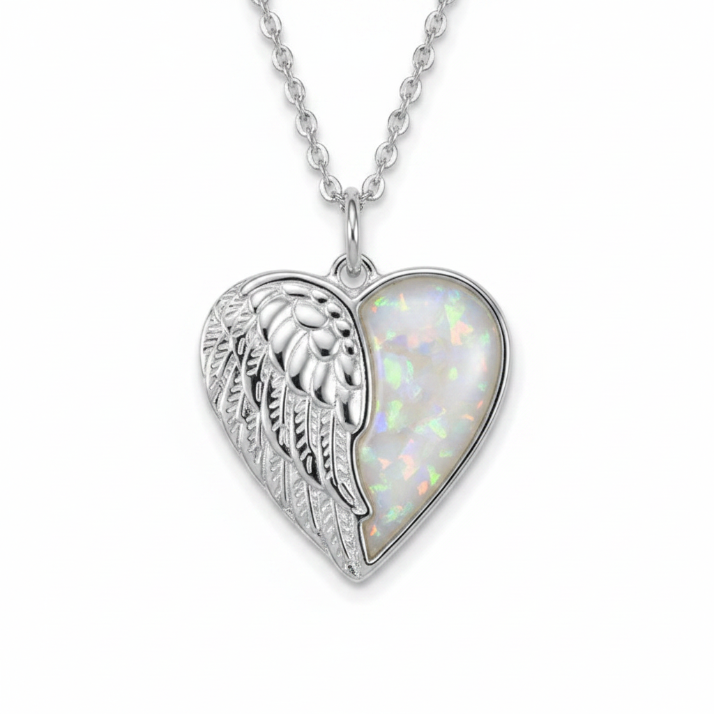 Silver 925 angel wing heart memorial pendant — white pearl opal flakes domed resin inclusion