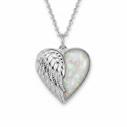 Silver 925 angel wing heart memorial pendant — white pearl opal flakes domed resin inclusion