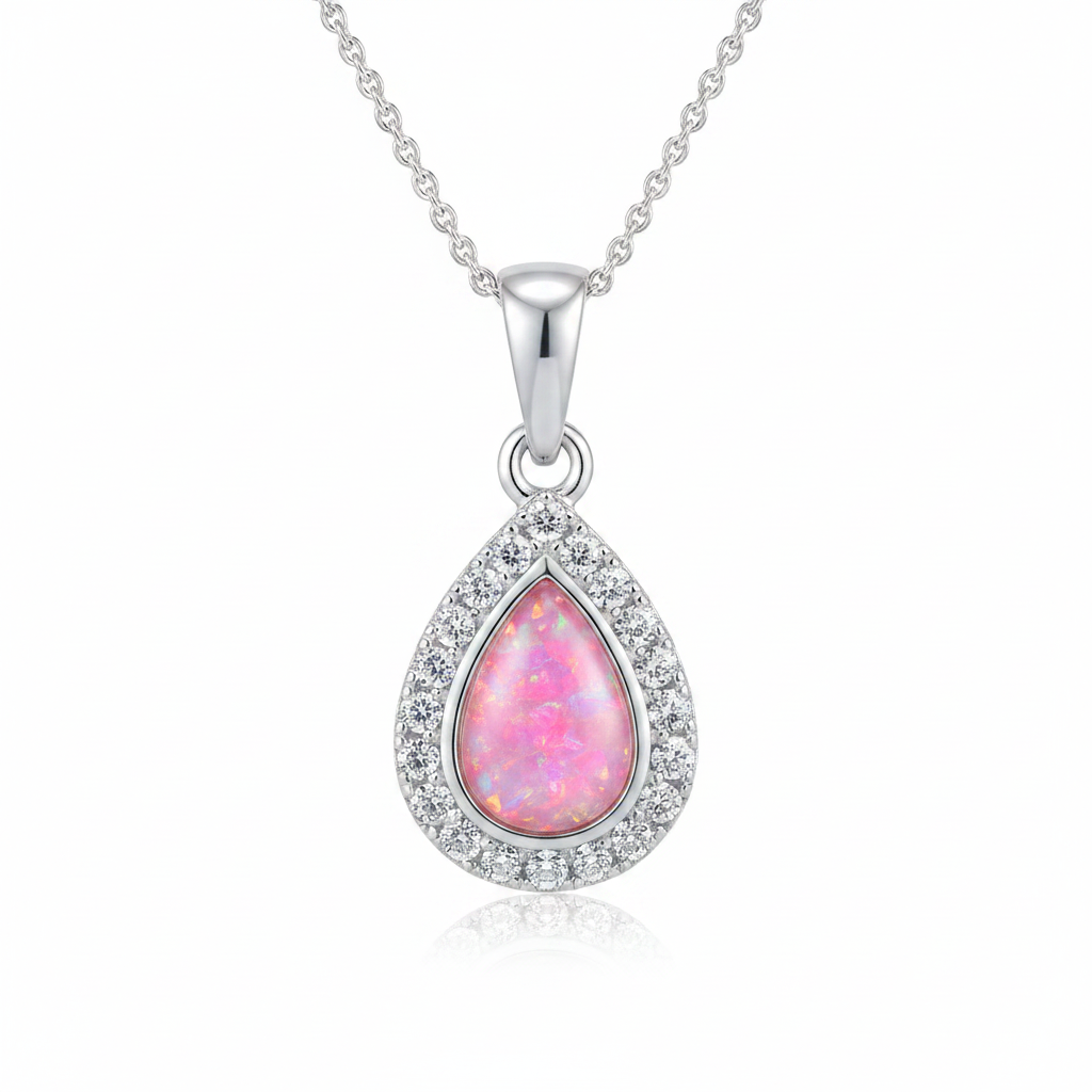 Silver 925 CZ halo teardrop memorial pendant with pink opal resin on chain, white background
