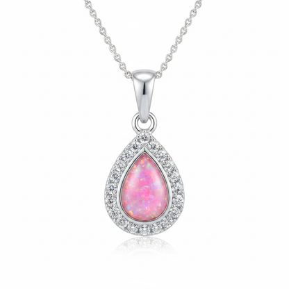 Silver 925 CZ halo teardrop memorial pendant with pink opal resin on chain, white background