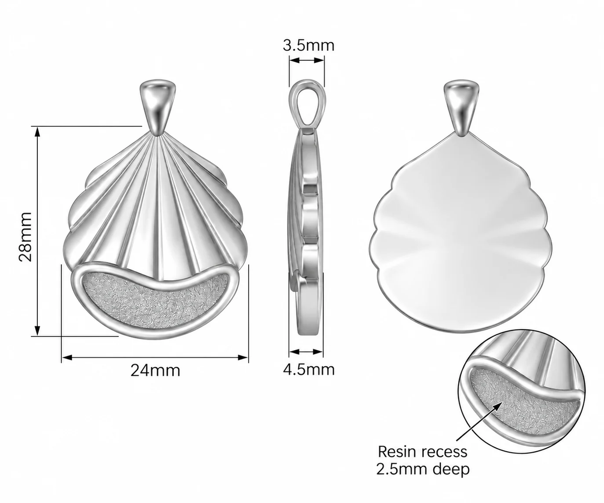 Dimensions guide: pendant 28 mm tall, 24 mm wide, 4.5 mm deep, 2.5 mm resin recess