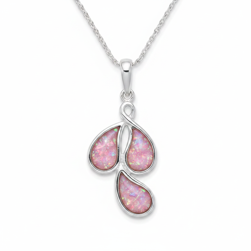 Silver 925 triple teardrop cluster memorial pendant with pink opal resin on chain, white background