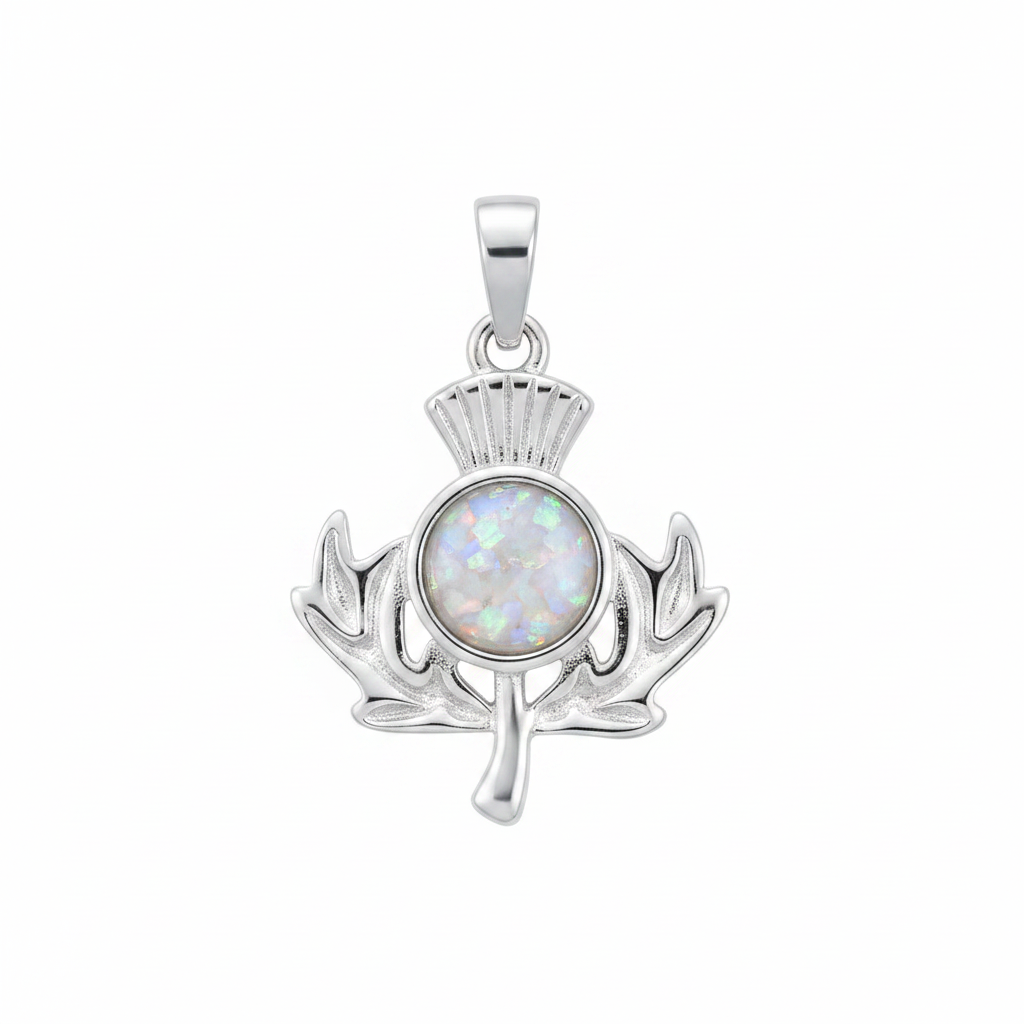 Silver 925 Scottish thistle memorial pendant with white opal and mica, white background